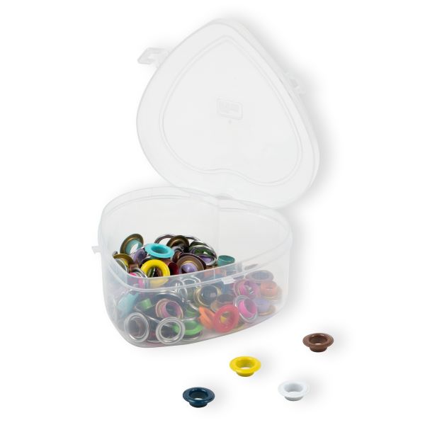 Vario Eyelets with washers, mixed colours, in heart-shaped box, 14 mm