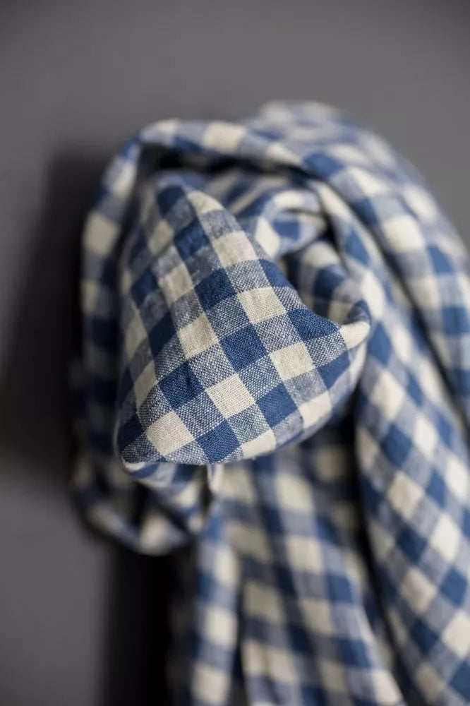 Blue and white checkered fabric on a dark background