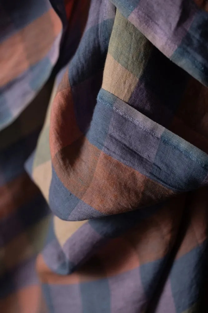 lavender, sage green, cornflower blue and rust pink in a bold block check