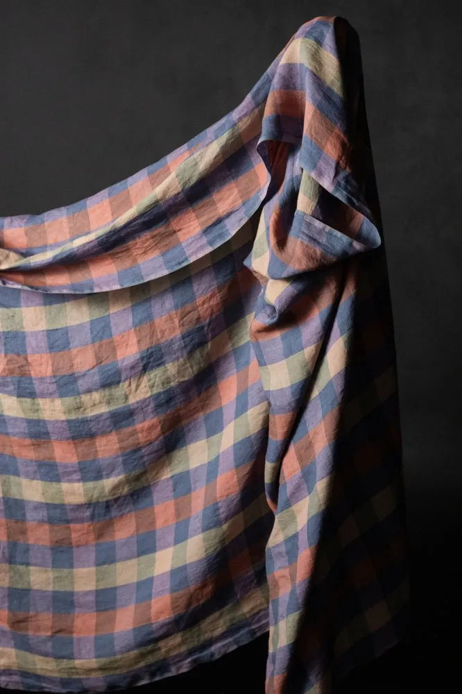 lavender, sage green, cornflower blue and rust pink in a bold block check