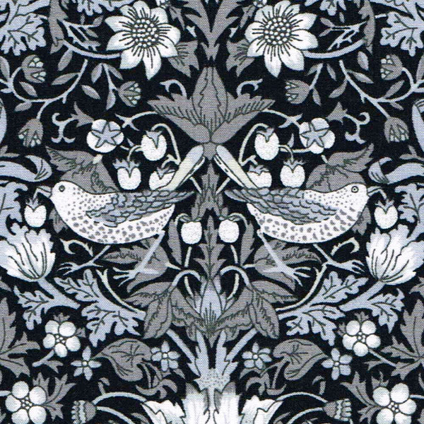Decorative fabric pattern with birds, flowers, and leaves on a black background
