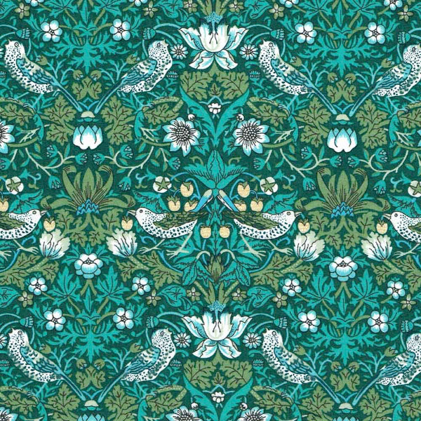 Patterned fabric with birds and flowers in teal and green